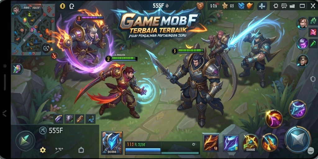Screenshot utama 555F menampilkan aksi seru dalam pertempuran MOBA.