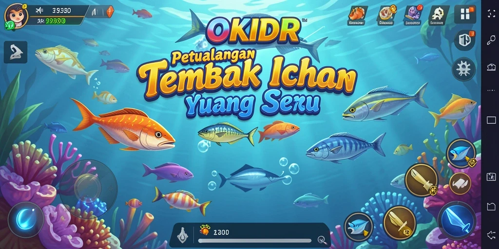 Tampilan screenshot utama OKIDR menunjukkan aksi menembak ikan yang seru.
