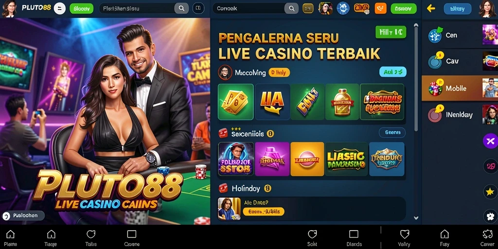 Screenshot gameplay PLUTO88 dengan dealer langsung dan suasana kasino yang hidup.
