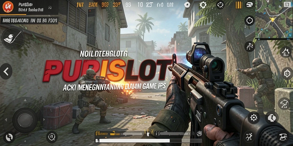 Screenshot gameplay PURISLOT menampilkan aksi pertempuran FPS yang mendebarkan.