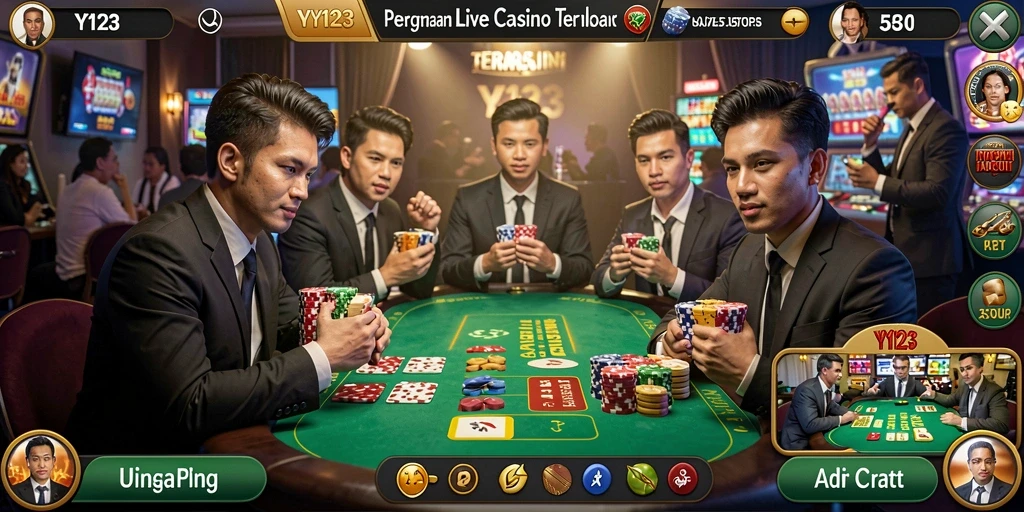 Screenshot gameplay Live Casino yang menampilkan dealer profesional dan meja permainan.